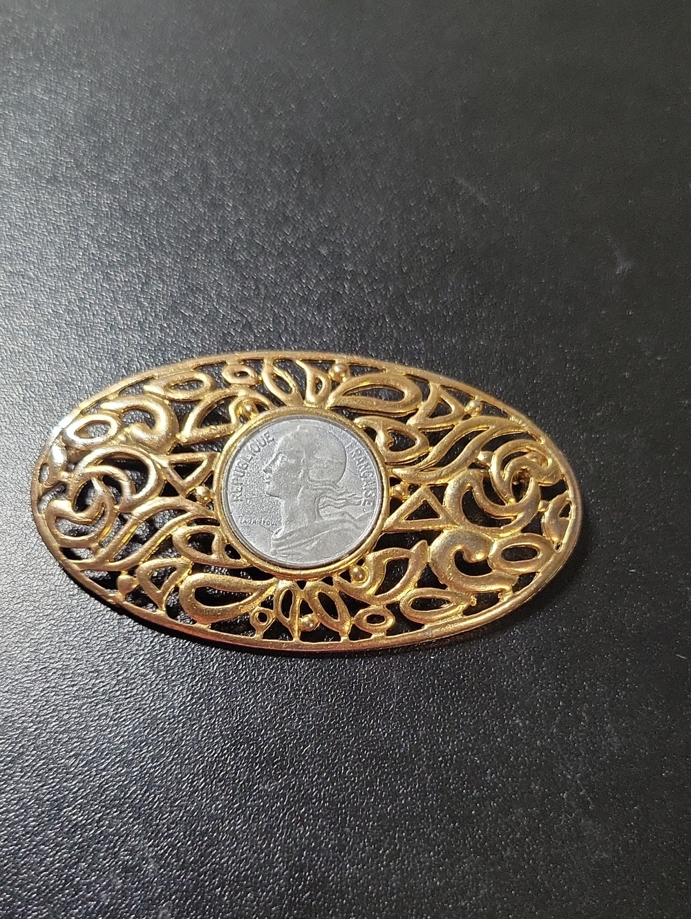 Gold-Tone Filigree Oval Brooch with Coin Accent - Women Accessories